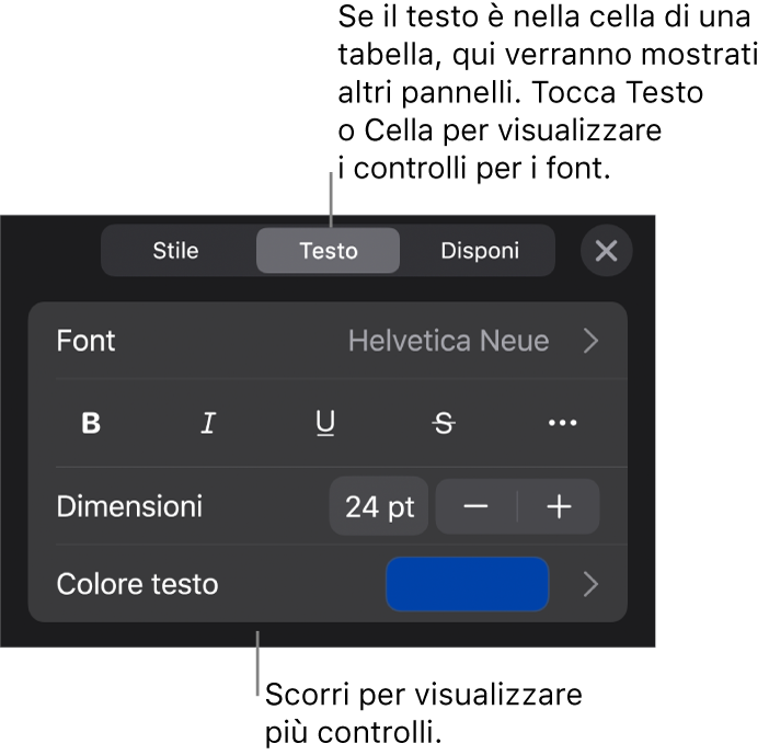Controlli di testo nel menu Formattazione per impostare stili di carattere e paragrafo, font, dimensione e colore.