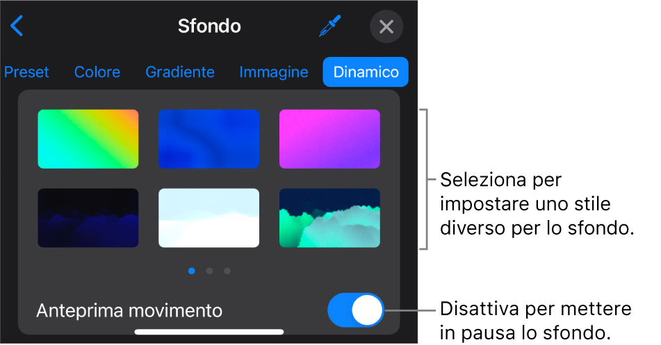 I controlli dello sfondo dinamico con mostrati le miniature dello stile di sfondo e il pulsante per visualizzare l'anteprima del movimento.