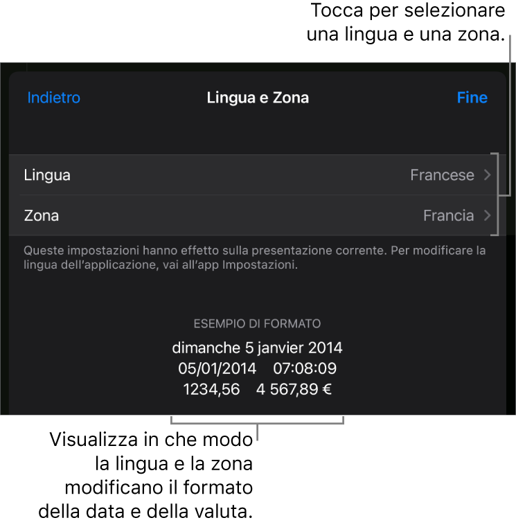 Il pannello Lingua e Zona con i controlli per lingua e zona e un esempio di formato che include data, ora, numeri decimali e valuta.