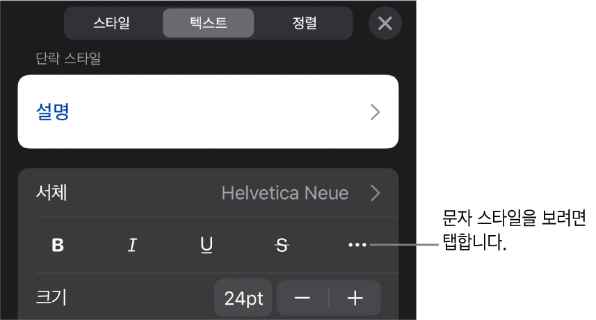 상단에 단락 스타일이 있고 그 아래에 서체 제어기가 있는 포맷 제어기. 서체 아래에는 볼드체, 이탤릭체, 밑줄체, 취소선 및 추가 텍스트 옵션 버튼이 있음.