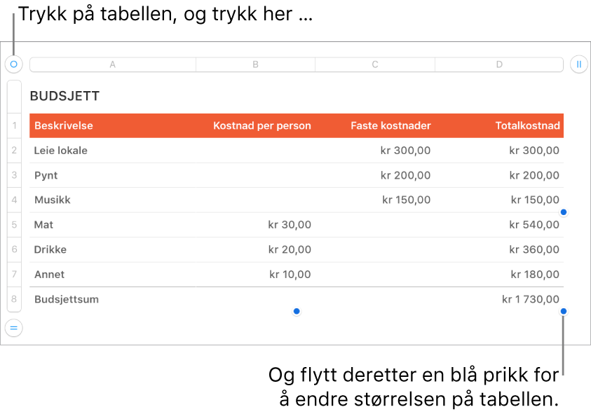 En markert tabell med blå prikker for å endre størrelsen.