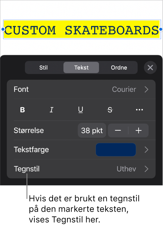 Tekstformateringskontrollene med Tegnstil under Farge-kontrollene. Tegnstilen Ingen vises med en stjerne.