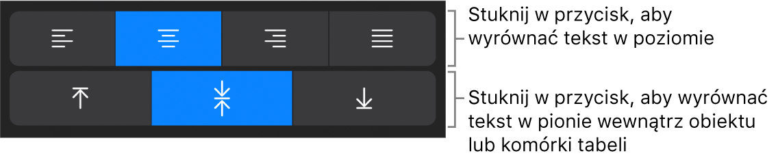 Przyciski wyrównywania tekstu w poziomie i w pionie.