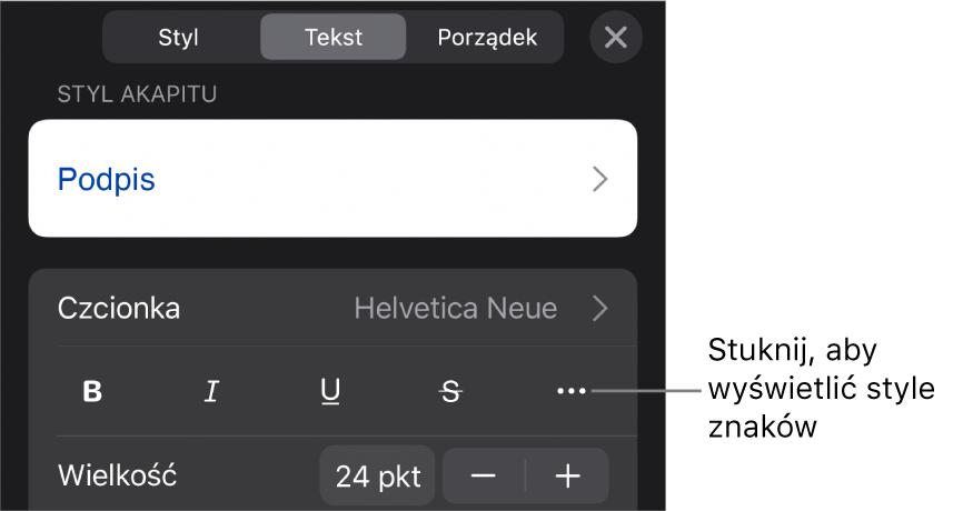 Narzędzia formatowania. Na samej górze widoczne są style akapitu, a poniżej znajdują się narzędzia czcionki. Pod narzędziami czcionki widoczne są przyciski Pogrubienie, Kursywa, Podkreślenie, Przekreślenie oraz Więcej opcji tekstu.