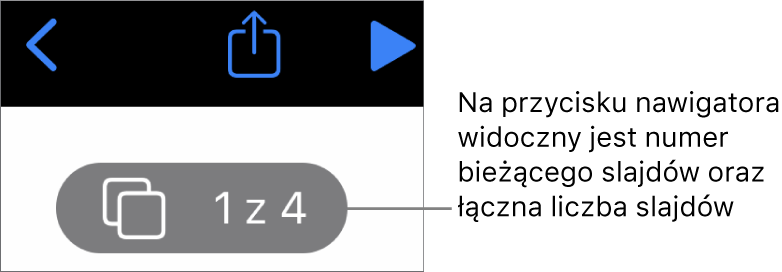 Przycisk nawigatora slajdów z wyświetlonym numerem slajdu oraz łączną liczbą slajdów w prezentacji.