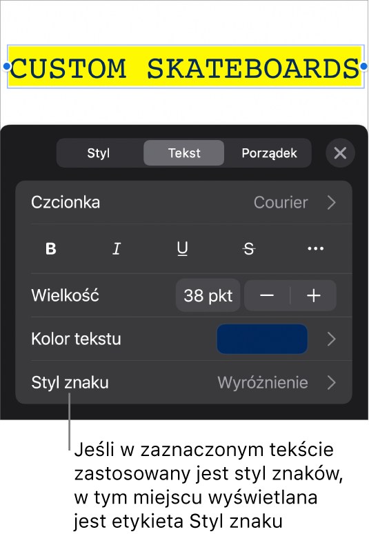 Narzędzia formatowania tekstu oraz menu stylów znaków widoczne poniżej narzędzi koloru. Styl znaków Brak wyświetlany jest z gwiazdką.