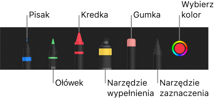 Pasek narzędzi rysowania: pisak, ołówek, kredka, wypełnianie, gumka i zaznaczanie. Oprócz nich widoczna jest także paleta kolorów, zawierająca bieżący kolor.