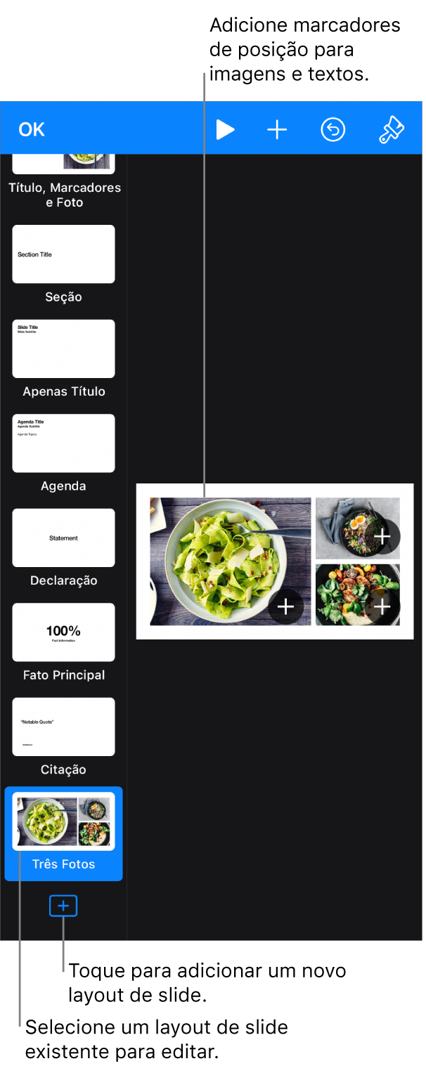 Um layout de slide exibido na tela de slides, com o botão “Adicionar um Layout de Slide” na parte inferior do navegador de slides.