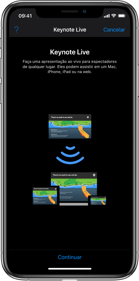 Uma janela apresentando o Keynote Live com o botão Continuar na parte inferior.