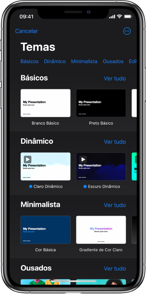  Seletor de temas, mostrando uma linha de categorias na parte superior na qual você pode tocar para filtrar as opções. Abaixo estão miniaturas de temas predefinidos organizados em linhas por categoria.