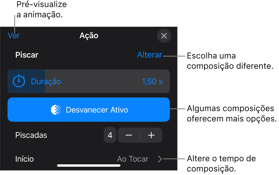 Entre as opções de composição estão Duração e tempo de Início. Toque em Alteração para escolher uma composição diferente ou toque em Pré-visualizar para pré-visualizá-la.