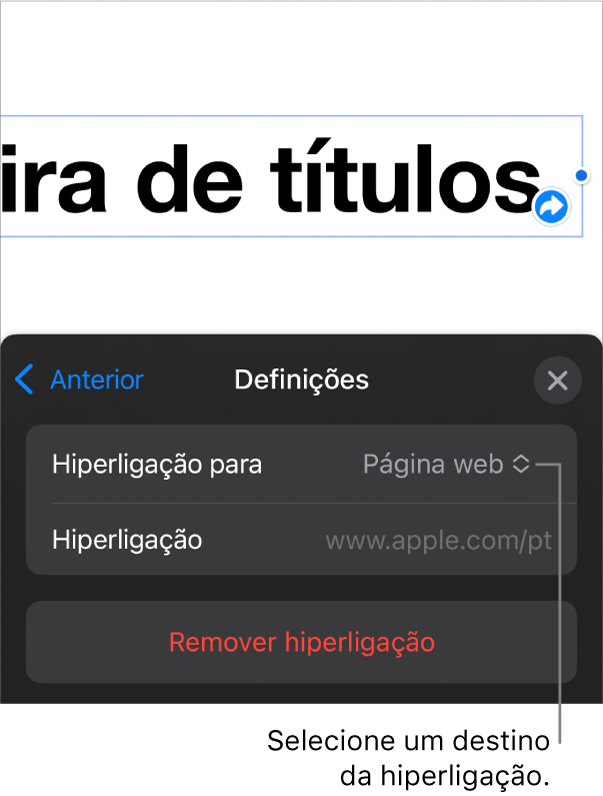 Os controlos de Definições com a página web selecionada e o botão Remover hiperligação na parte inferior.