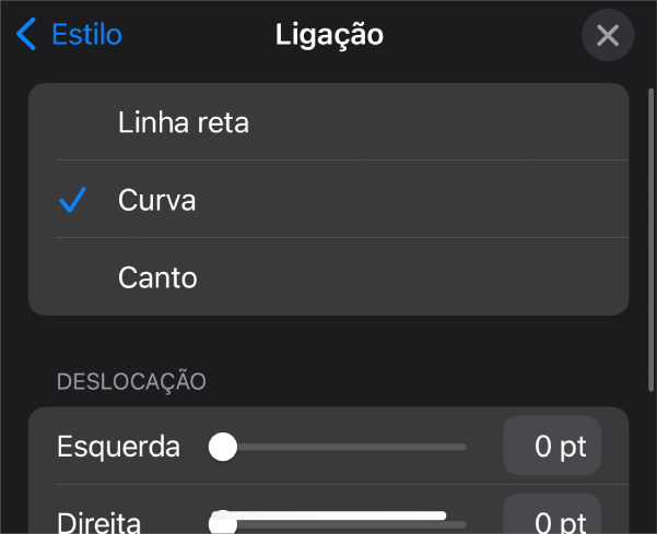 Os controlos de Ligação com Curva selecionada.