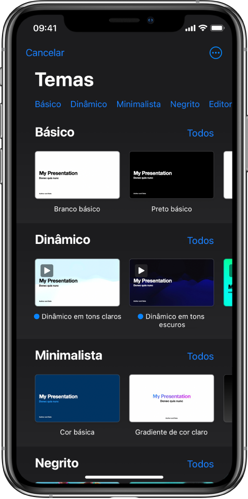  A lista de temas com uma linha de categorias visível na parte superior, na qual é possível tocar para filtrar as opções. Por baixo encontram-se as miniaturas de temas preconcebidos organizados em linhas por categoria.