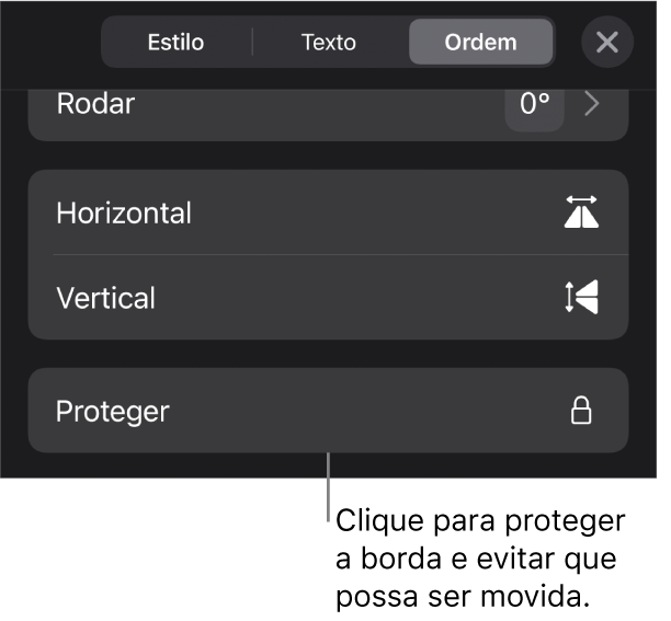 Os controlos de ordenação no menu Formatação com uma chamada para o botão Proteger.