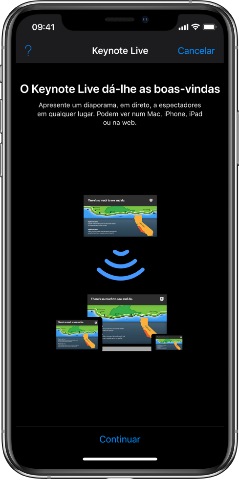 Uma janela a introduzir o Keynote Live com o botão Continuar na parte inferior.