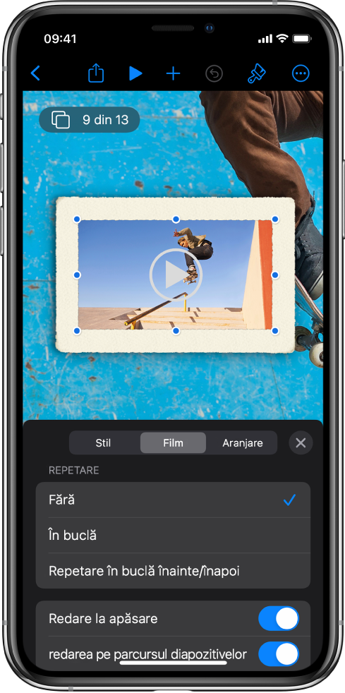 Comenzile Format pentru modificarea dimensiunii și a aspectului clipului video selectat. Butoanele Stil, Film și Aranjare se află de‑a lungul părții de sus a comenzilor.