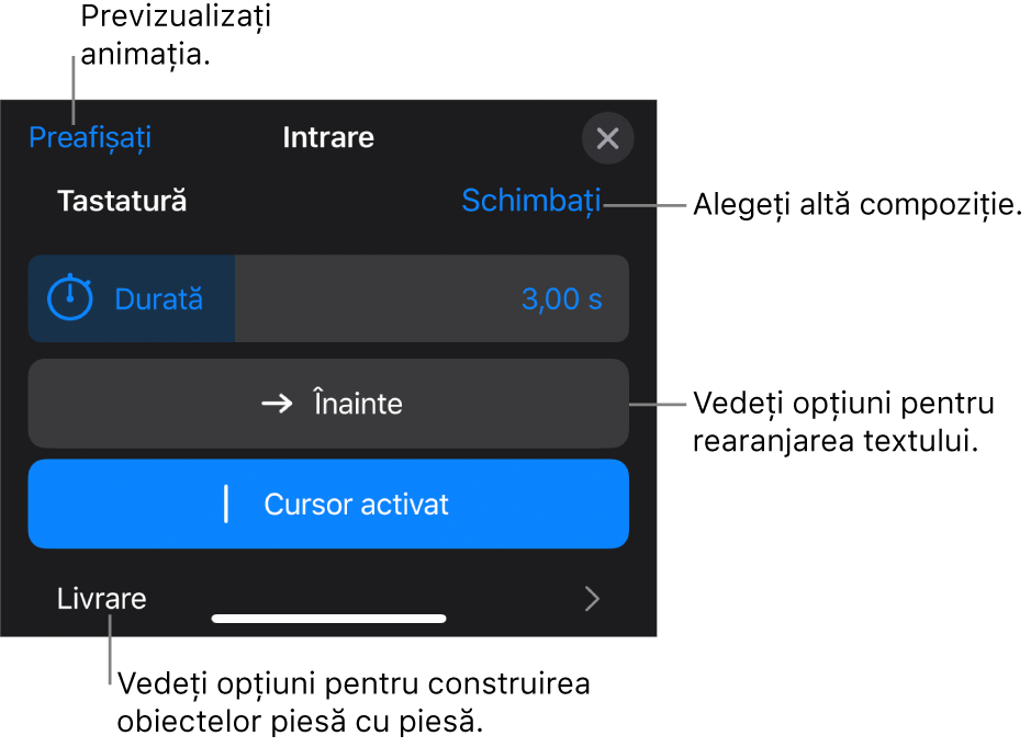 Opțiunile de compoziție includ Durată, Animație text și Livrare. Apăsați Schimbați pentru a alege o altă compoziție sau apăsați Preafișează pentru a previzualiza compoziția.