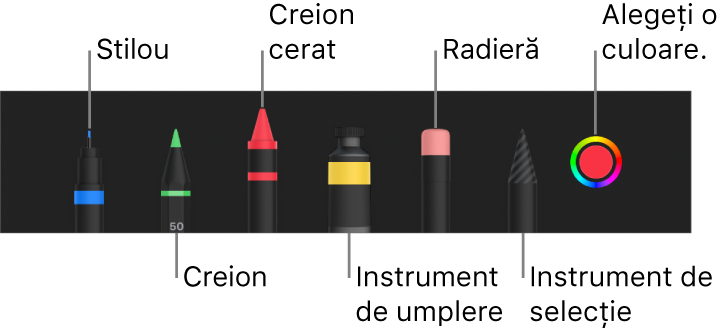 Bara de instrumentele pentru desen cu stilou, creion, creion cerat, instrument de umplere, radieră, instrument de selecție și sursă de culoare afișând culoarea curentă.