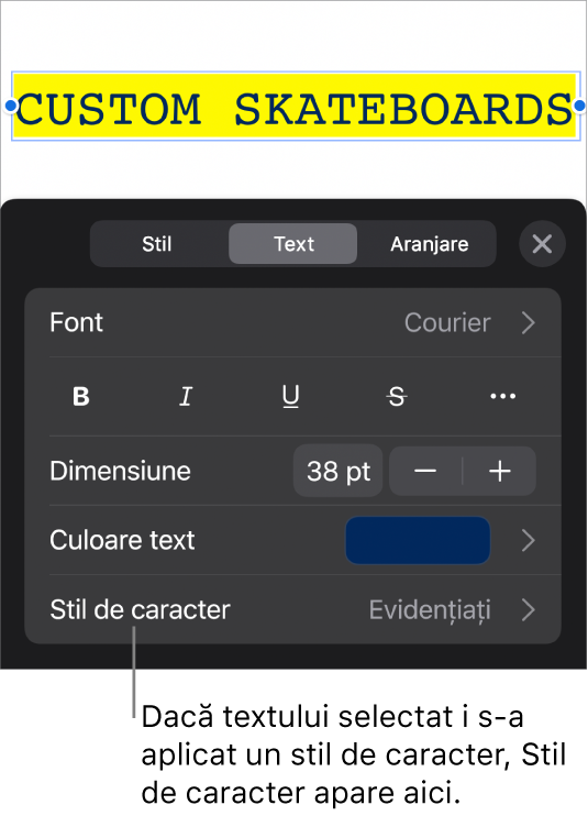 Comenzile de formatare Text cu Stil de caracter sub comenzile Culoare. Stilul de caracter Nimic apare cu un asterisc.