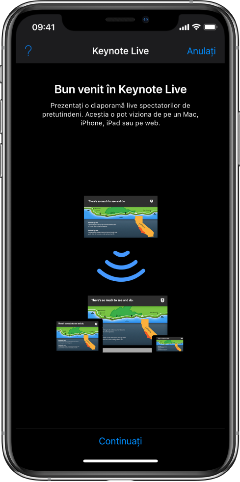 O fereastră care prezintă Keynote Live cu butonul Continuați în partea de jos.
