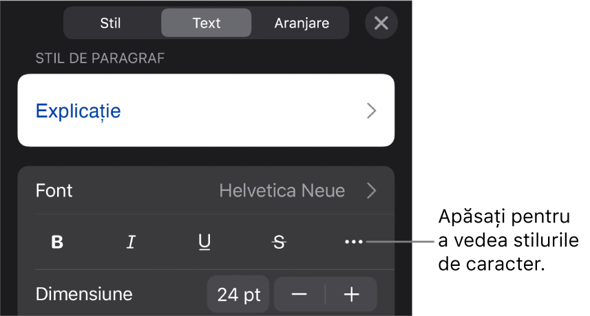 Comenzile Format cu stilurile de paragraf în partea de sus, apoi comenzile Font. Sub Font se află butoanele Aldin, Cursiv, Subliniat, Tăiat cu o linie și Alte opțiuni de text.