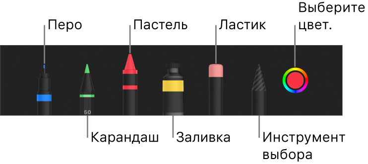 Панель инструментов рисования: перо, карандаш, пастель, заливка, ластик, инструмент выбора и цветовая область с текущим цветом.