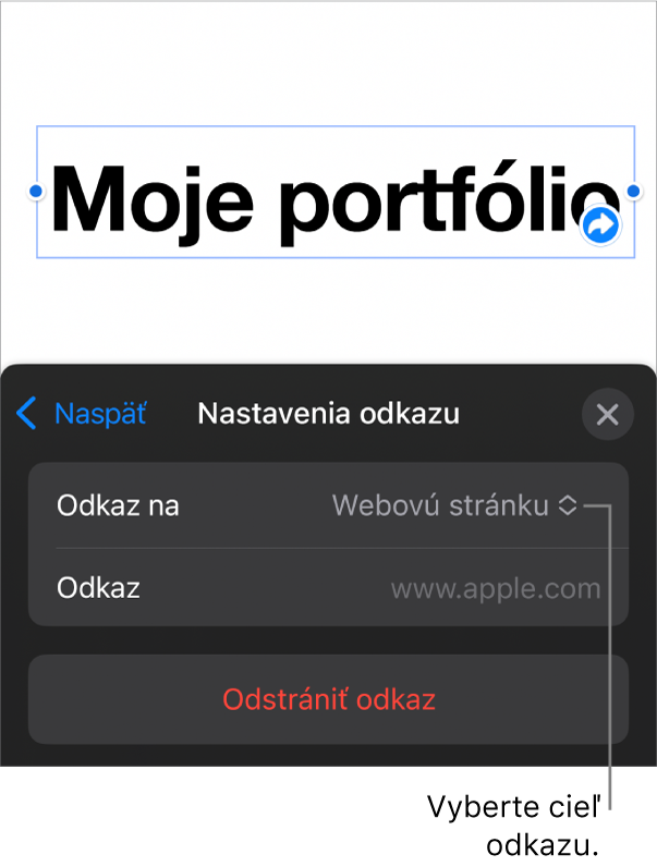 Ovládacie prvky nastavení odkazov s vybranou položkou Webová stránka a tlačidlom Odstrániť odkaz v dolnej časti.