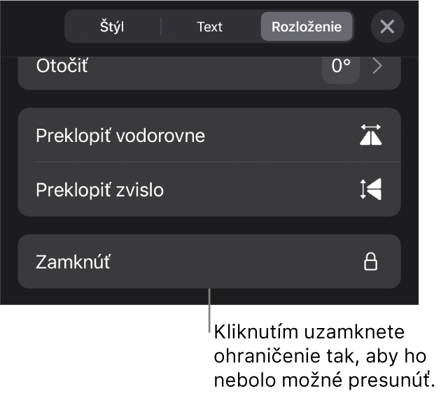 Ovládacie prvky Rozloženie v menu Formát so zvýrazneným tlačidlom Zamknúť.