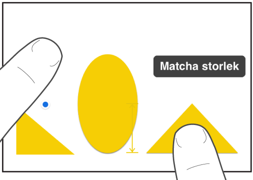 Ett finger precis ovanför en form och ett annat håller ett objekt med Matcha storlek på skärmen.