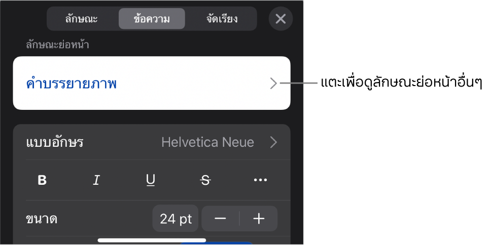 เมนูรูปแบบที่แสดงตัวควบคุมข้อความสำหรับการตั้งค่าลักษณะย่อหน้าและลักษณะอักขระ แบบอักษร ขนาด และสี