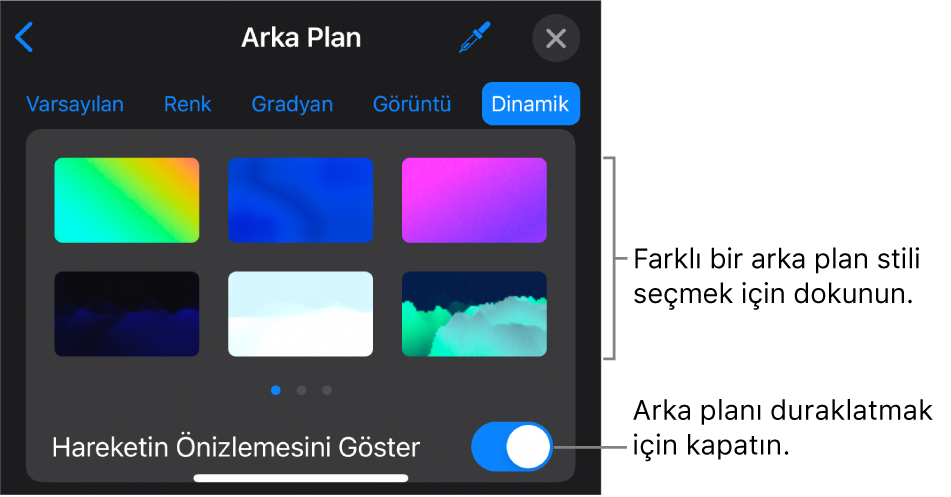 Arka plan stili küçük resimleri ve Hareketin Önizlemesini Göster düğmesi görüntülenen dinamik arka plan denetimleri.