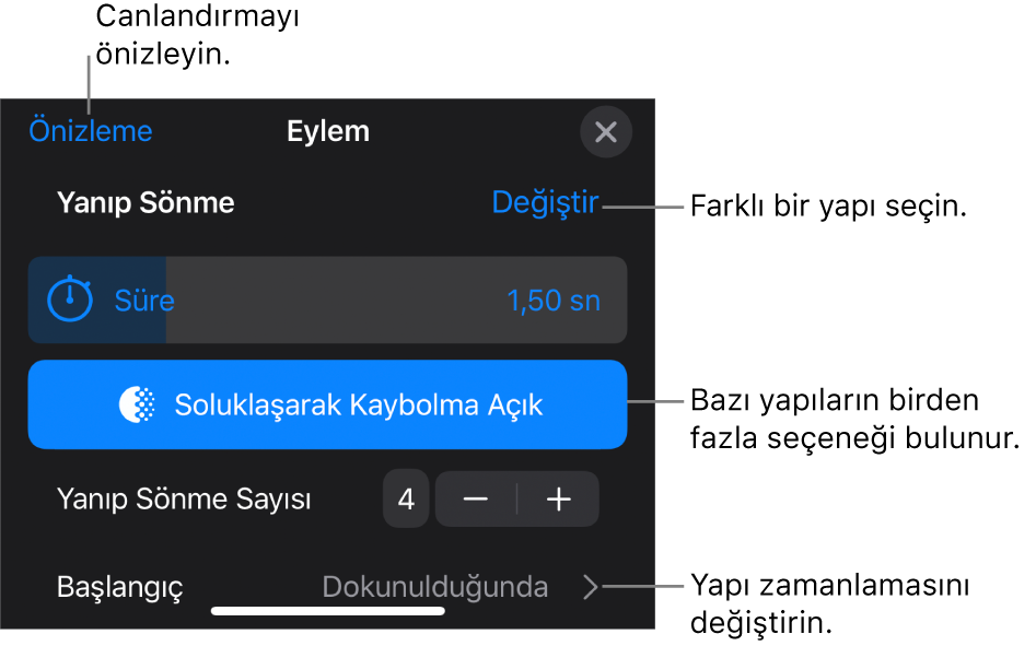 Yapı seçenekleri Süre ve Zamanlamayı başlat’ı içerir. Farklı bir yapı seçmek için Değiştir’e, yapıyı önizleme için Önizleme’ye dokunun.