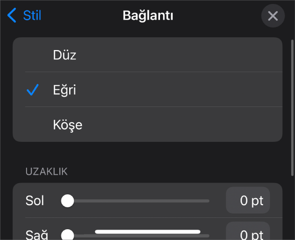 Eğri seçili olan Bağlantı denetimleri.