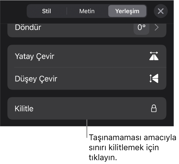 Kilitle düğmesi belirtilmiş olarak Biçim menüsündeki Yerleştir denetimleri.