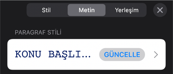 Yanında yıldız ve sağda Güncelle düğmesinin olduğu bir paragraf stili.