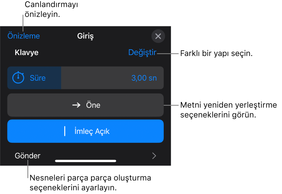 Yapı seçenekleri Süre, Metin Canlandırma ve Gönderim’i içerir. Farklı bir yapı seçmek için Değiştir’e, yapıyı önizleme için Önizleme’ye dokunun.