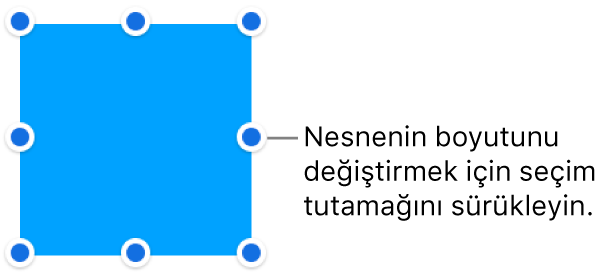 Sınırında büyüklüğünün değiştirilebilmesini sağlayan mavi noktalar olan bir nesne.