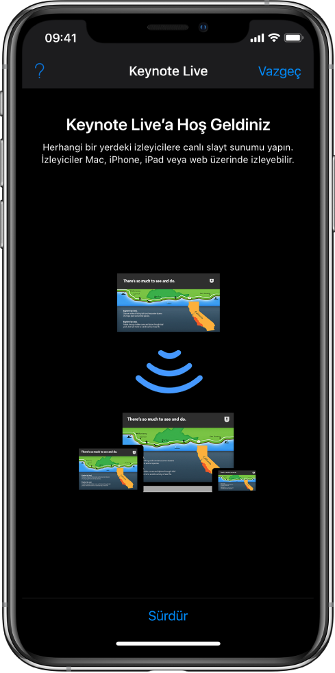 En altta Sürdür düğmesi ile Keynote Live’ı tanıtan bir pencere.
