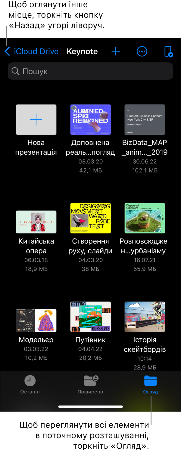 Якщо менеджер презентацій перебуває в режимі огляду, у верхньому лівому куті відображатиметься посилання на місце, а під ним — поле пошуку. У верхньому правому кутку розташовані кнопки «Додати», «Більше» та «Пульт». У нижній частині екрана розташовані кнопки «Останні», «Спільне» та «Огляд».