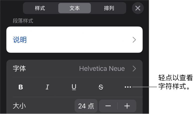 “格式”控制，顶部是段落样式，然后是“字体”控制。“字体”下方是“粗体”、“斜体”、“下划线”、“删除线”和“更多文本选项”按钮。