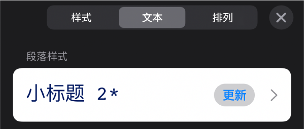 旁边有星号、右侧有“更新”按钮的段落样式。