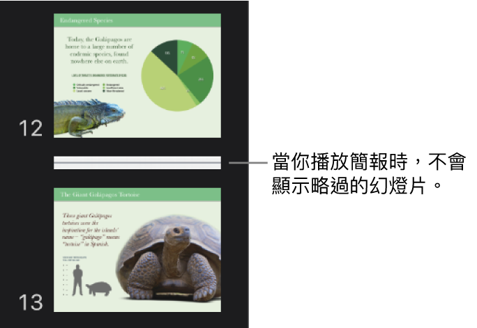 略過幻燈片在幻燈片導覽器中會顯示為一條水平線。