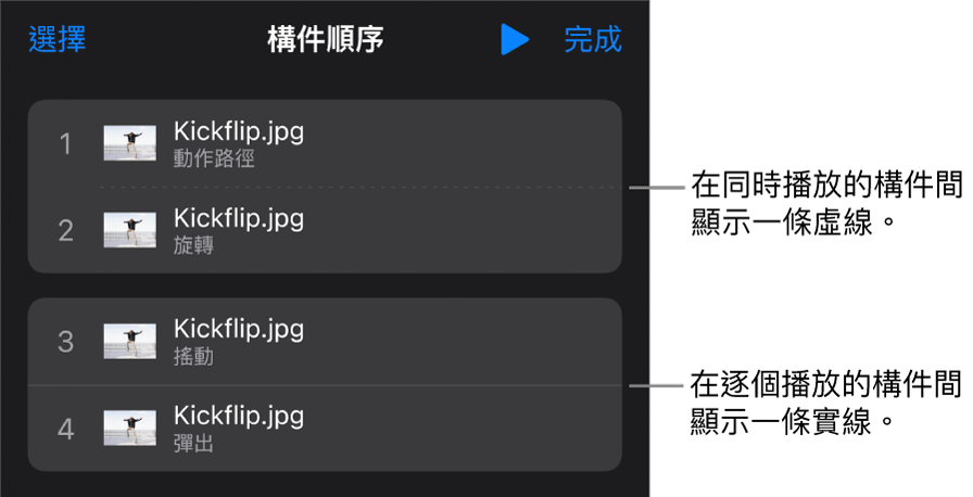 「構件順序」選單，在同時播放的構件間出現虛線，且在逐個播放的構件間會出現實線。