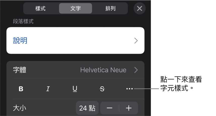 帶有段落樣式的「格式」控制項目位於最上方，然後是「字體」控制項目。「字體」下方為「粗體」、「斜體」、「底線」、「刪除線」和「更多文字選項」按鈕。