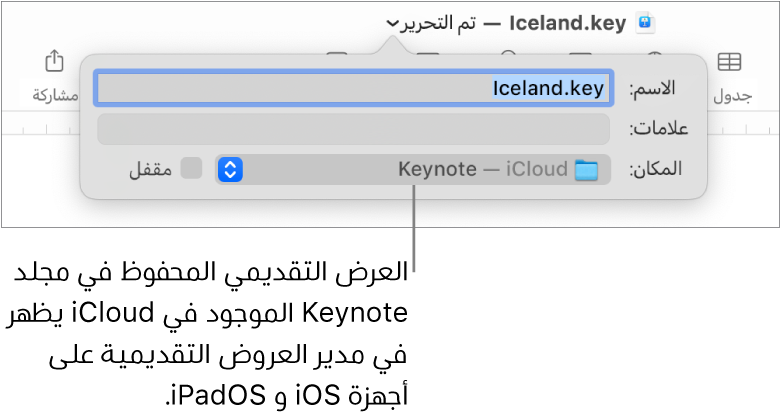 مربع الحوار "حفظ" لعرض تقديمي على Keynote—iCloud في القائمة المنبثقة "أين".