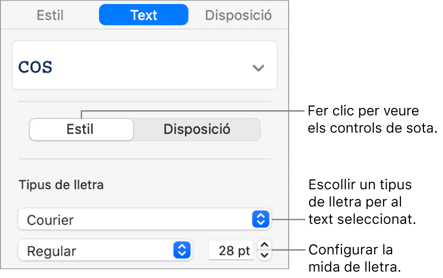 Controls de text a la secció Estil de la barra lateral per definir el tipus i la mida de la lletra.