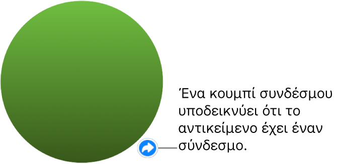 Ένας πράσινος κύκλος με ένα κουμπί συνδέσμου που υποδεικνύει ότι το αντικείμενο έχει σύνδεσμο.