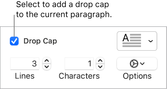 The Drop Cap tickbox is selected, and a pop-up menu appears to its right; controls for setting the line height, number of characters and other options appear below it.