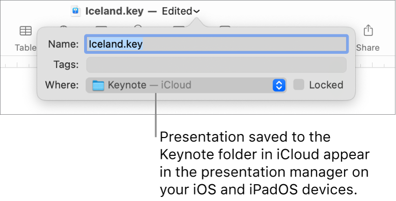 The Save dialog for a presentation with Keynote—iCloud in the Where pop-up menu.